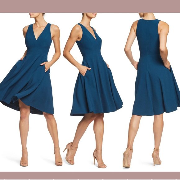 NWT $182 Dress the Population [ Large ] Catalina Fit & Flare Dress Peacock #Q292 - Picture 1 of 13